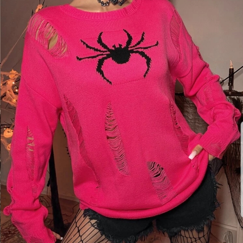 Pink Goth Distressed Spider Pattern Drop Sholder Sweater Size Large. New!